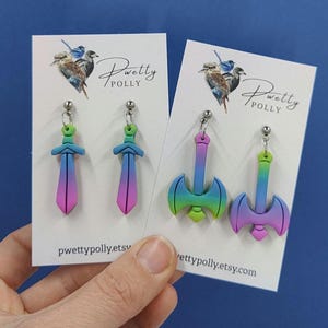 Sword and Axe Earrings | Rainbow Fantasy Earrings | Medieval Earrings | Pwetty Polly | Handmade Polymer Clay Earrings