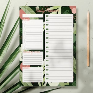 Peut inclure: Un agenda quotidien avec un motif de feuilles tropicales vertes et roses. L'agenda est divisé en sections "À faire", "Rendez-vous" et "Notes".