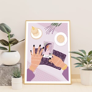Affiche tirage de cartes, Illustration oracle, Formats A5, A4, ésotérisme print, Affiche de magie, Affiche sorcière, décoration, violet