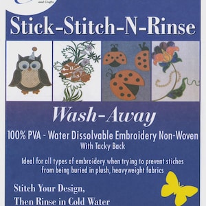 May include: Bosal Stick-Stitch-N-Rinse sheets for embroidery. The package includes 10 sheets, each measuring 21.6cm x 27.9cm. The product is a water-dissolvable non-woven material with a tacky back. The package features an owl, flowers, and ladybug designs.