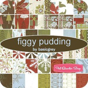 May include: A patchwork of fabric squares in various patterns and colors, including red, green, brown, and white. The text "figgy pudding" by basicgrey is displayed in a brown oval. A pink banner reads "Fat Quarter Shop".