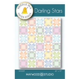 May include: A quilt pattern titled "Darling Stars" features a repeating star design in pastel colors. The quilt measures 60" x 72" and is from Maywood Studio. The pattern includes a logo with the text "Needle in a Hayes Stack".