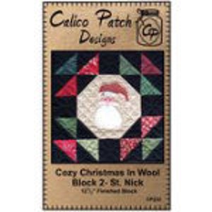 May include: A quilt block pattern featuring a Santa Claus design with the text "Cozy Christmas in Wood Block 2 - St. Nick 12.5" finished block".