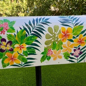 Tropical Flower Plumeria Yellow, Purple, Green, Custom Painted on White Large, Medium, Metal Posted Mailbox, Handmade, Personalized Free
