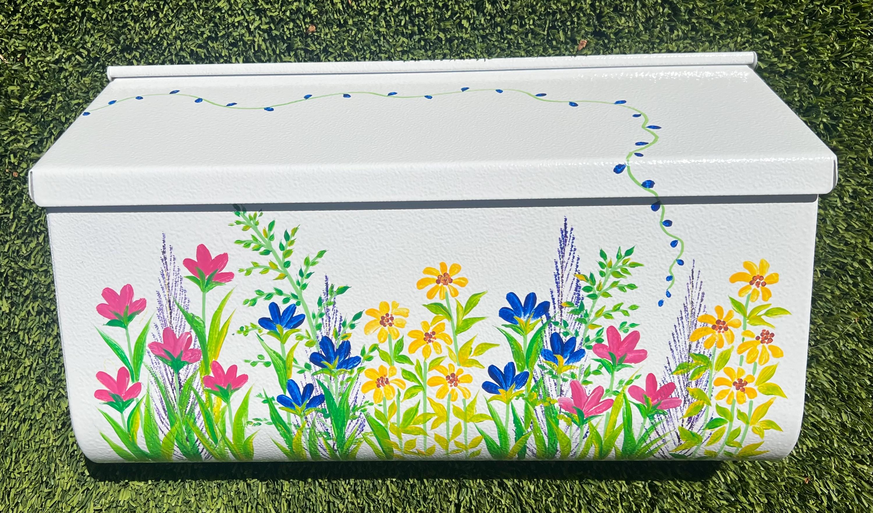 Wall Mount Mailbox, Medium, White Steel, Rectangle, Easy Top Open Access, Handmade, Custom Hand Painted, Multi Color Wild Flower,