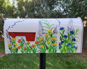 Colorful Wildflower Custom Hand Painted on Large White Steel Metal Posted Mailbox, Handmade, Personalized Free