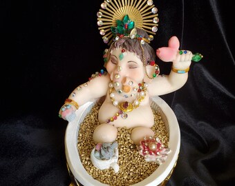 Vintage Rhinestone Bathing Ganesha One of a Kind Statue -Handcrafted Spiritual - Unique Lord Ganesh for Prosperity & Luck - 5"x5"x4" Zen Art