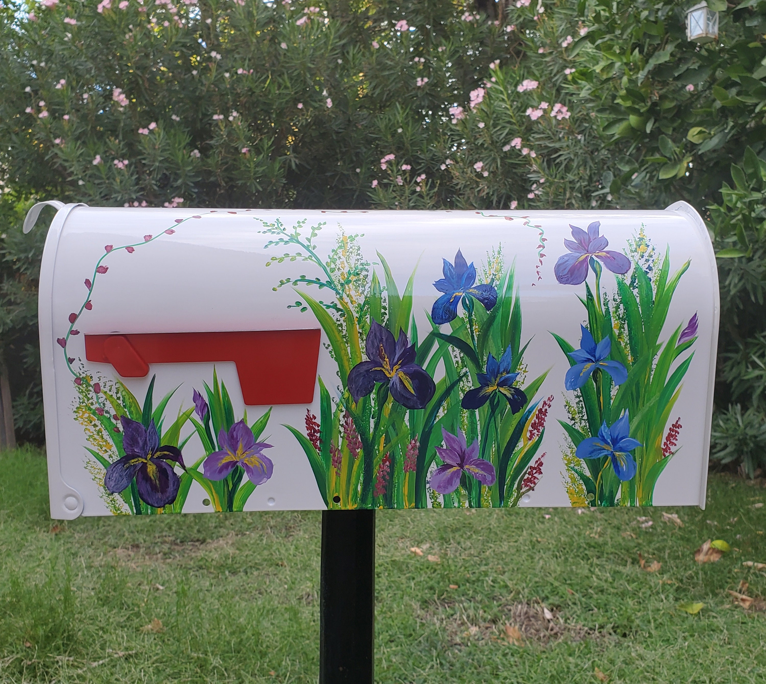 Iris Flower, Purple Lavender, Blue Irises, Custom Hand Painted on White