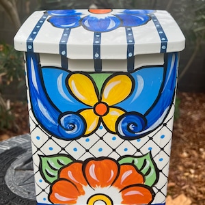 Small Wall mount White Mailbox, Custom Handmade Painted, Colorful Talavera Mexican Style, Cobalt Blue, Orange, Yellow, Green, Multi color