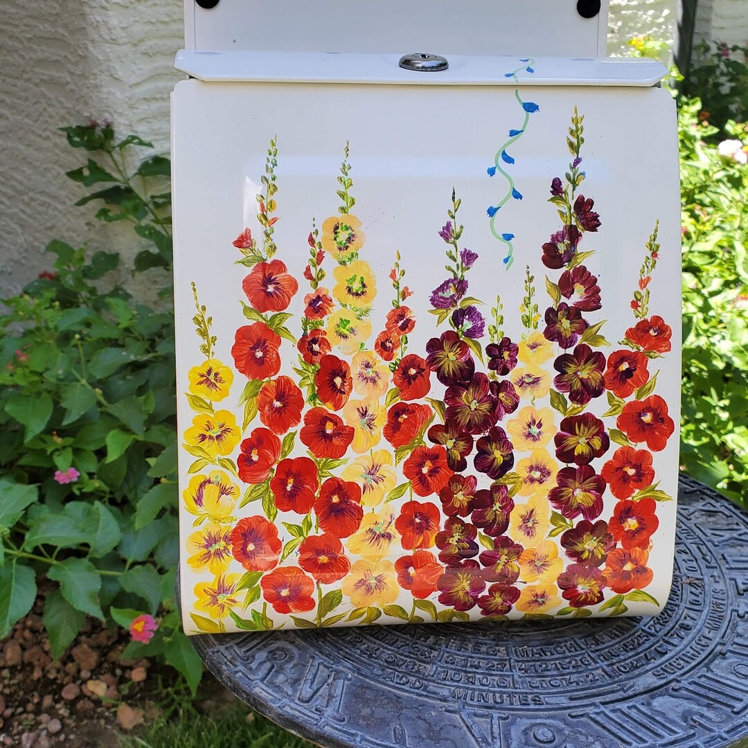 Locking Small White Metal Wall Mount Mailbox, Custom Hand Painted