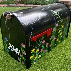Jumbo Mailbox Custom Hand Painted, Handmade, Black Steel Metal Extra Large Multi Color Wild Flower, Yellow, Pink, Blue, Free Personalized