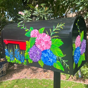 Hand-Painted Hydrangea Mailbox: Black Metal Post Mount, House Number, Colorful Hydrangea, Bluebonnets, Standard, Large & Ex Large Jumbo Size