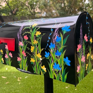 Jumbo Mailbox Custom Hand Painted, Handmade, Black Steel Metal Extra Large Multi Color Wild Flower, Yellow, Pink, Blue, Free Personalized