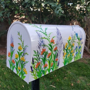 Standard Medium Size, White Steel Metal Mailbox, Handmade, Colorful Custom Hand Painted,Multi Color Wild Flower,Post mount,Personalized Free