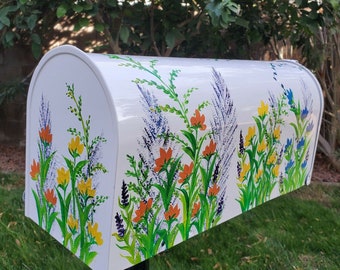 Standard Medium Size, White Steel Metal Mailbox, Handmade, Colorful Custom Hand Painted,Multi Color Wild Flower,Post mount,Personalized Free