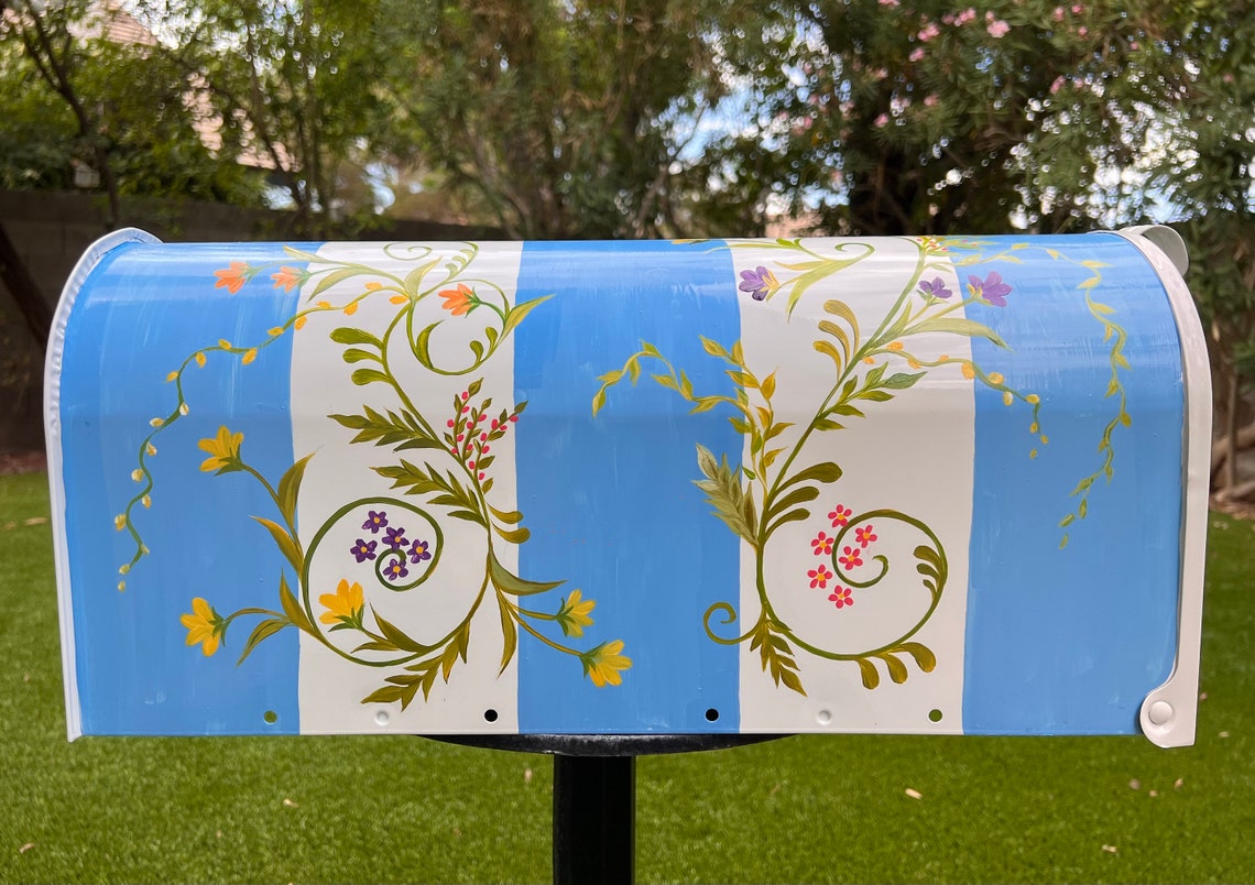 Blue Stripe With Floral Paint Metal Mailbox, White Standard Medium