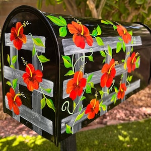 Red Hibiscus Mailbox,Hand Painted Post Mount Black Metal Mailbox,Tropical Red Flower,Picket Fence,Free Personalized,Standard,Large or Jumbo