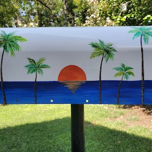 Mailbox Custom painted, Tropical Blue Ocean Beach Sunset, Sunrise Palm Tree, White Steel Metal, House Number, Personalized Free, Unique gift