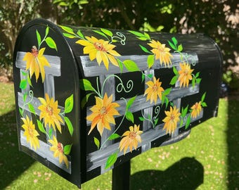 Hand Painted Yellow Sunflower Mailbox: Custom Art Design, Steel Metal Medium or Large size, Post-mount Decor Mailbox, Free Personalized