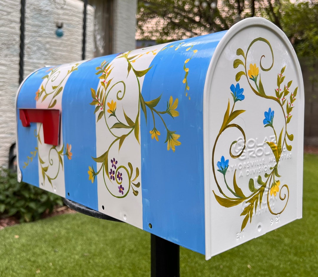 Blue Stripe With Floral Paint Metal Mailbox, White Standard Medium