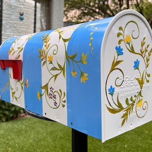 Blue Stripe with Floral Paint Metal Mailbox, White Standard Medium, Large, Lg Locking Size,  Personalized Free, Handmade, Post-mount mailbox