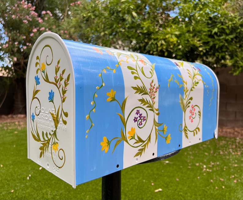 Blue Stripe With Floral Paint Metal Mailbox, White Standard Medium