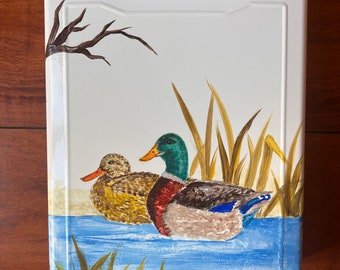 Hand-Painted Mallard Duck Mailbox - White Small Wall Mount Mailbox, Pair of Mallards, Duck, Lovebirds, Handmade, Vertical Wall Mailbox