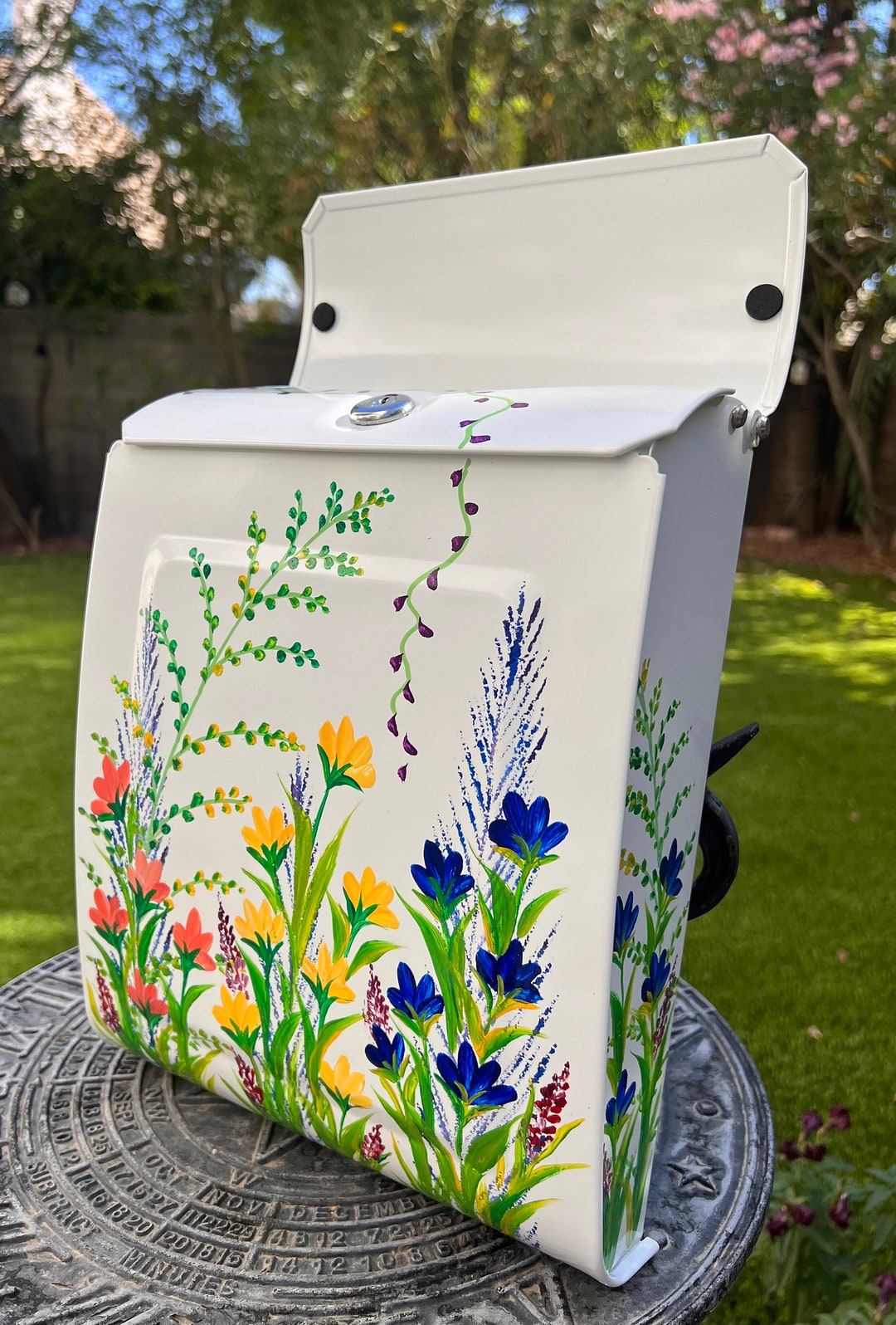 Lockable Small White Metal Wall Mount Mailbox, Custom Handpainted