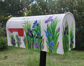 Iris Flower, Purple Lavender, Blue Irises, Custom Hand Painted on White Metal Mailbox, Post-mount mailbox, Handmade, Personalized Free