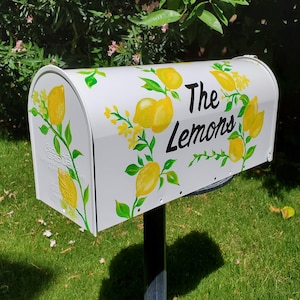 Custom Hand Painted on Large White Steel Metal Posted Mailbox, Handmade,  Lemon Mailbox, Personalized Free