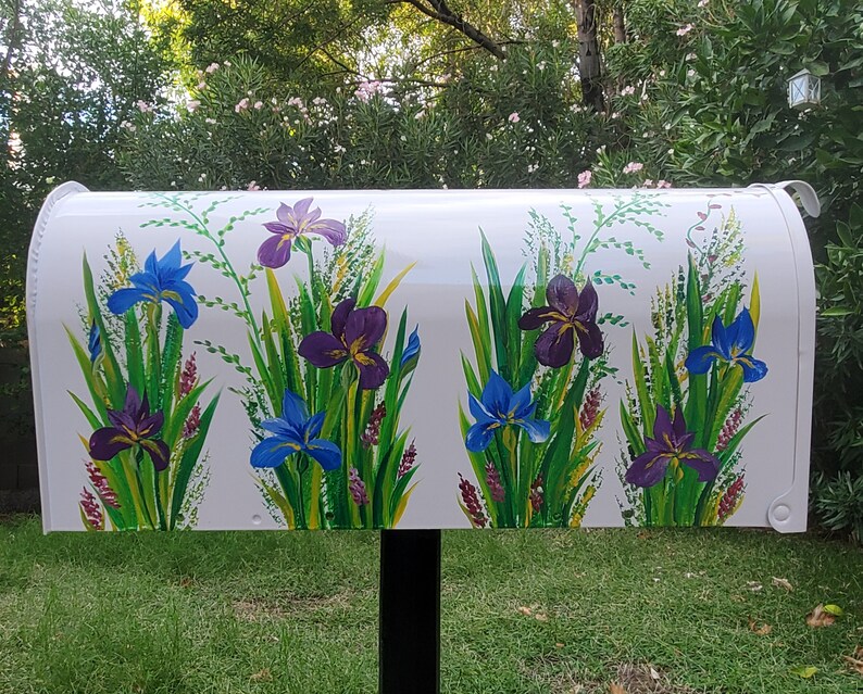 Iris Flower, Purple Lavender, Blue Irises, Custom Hand Painted on White