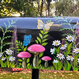 Custom Mailboxes, Black Metal Post Mount Mailbox, Mushroom, Daisy, Butterfly Painted, Handmade Medium, Large, Extra Large. Personalized Free