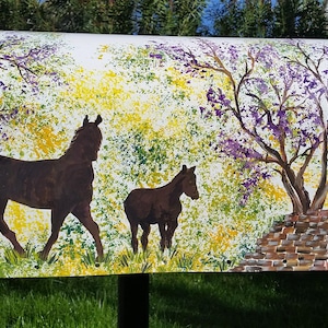 Custom Painted Horses Mailbox, Ranch, Farm, Brick wall, Purple Tree, Horse, Post Mount White Metal Mailbox, Address Number Personalized Free