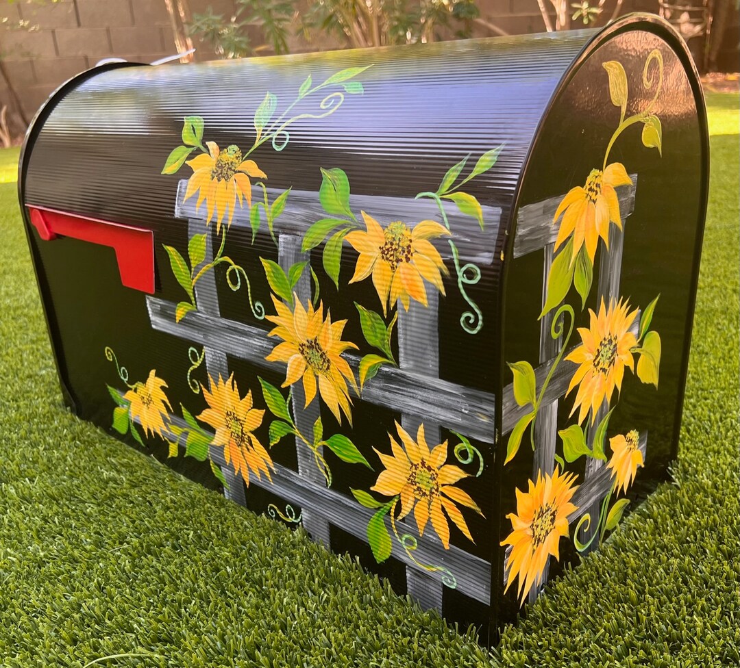 Yellow Sunflower Mailbox, Black Steel Metal Medium, Large, Jumbo Size