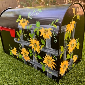 Yellow Sunflower Mailbox, Black Steel Metal Medium, Large, Jumbo Size, Custom Hand Painted ,Handmade, Post Mount Mailbox, Free Personalized