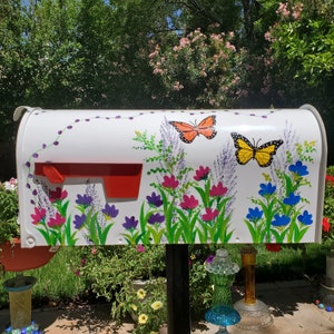 Butterfly and Colorful Wildflower on Medium, Large Size White Metal Mailbox, Post Mount Mailbox, Hand Painted Multi Color, Personalized Free