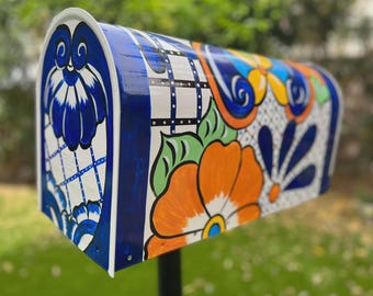 Grote handgemaakte brievenbus, op maat gemaakte handgeschilderde, kleurrijke talavera-mexicaanse stijl, kobaltblauw, oranje, geel, groen, multi, gepersonaliseerd gratis