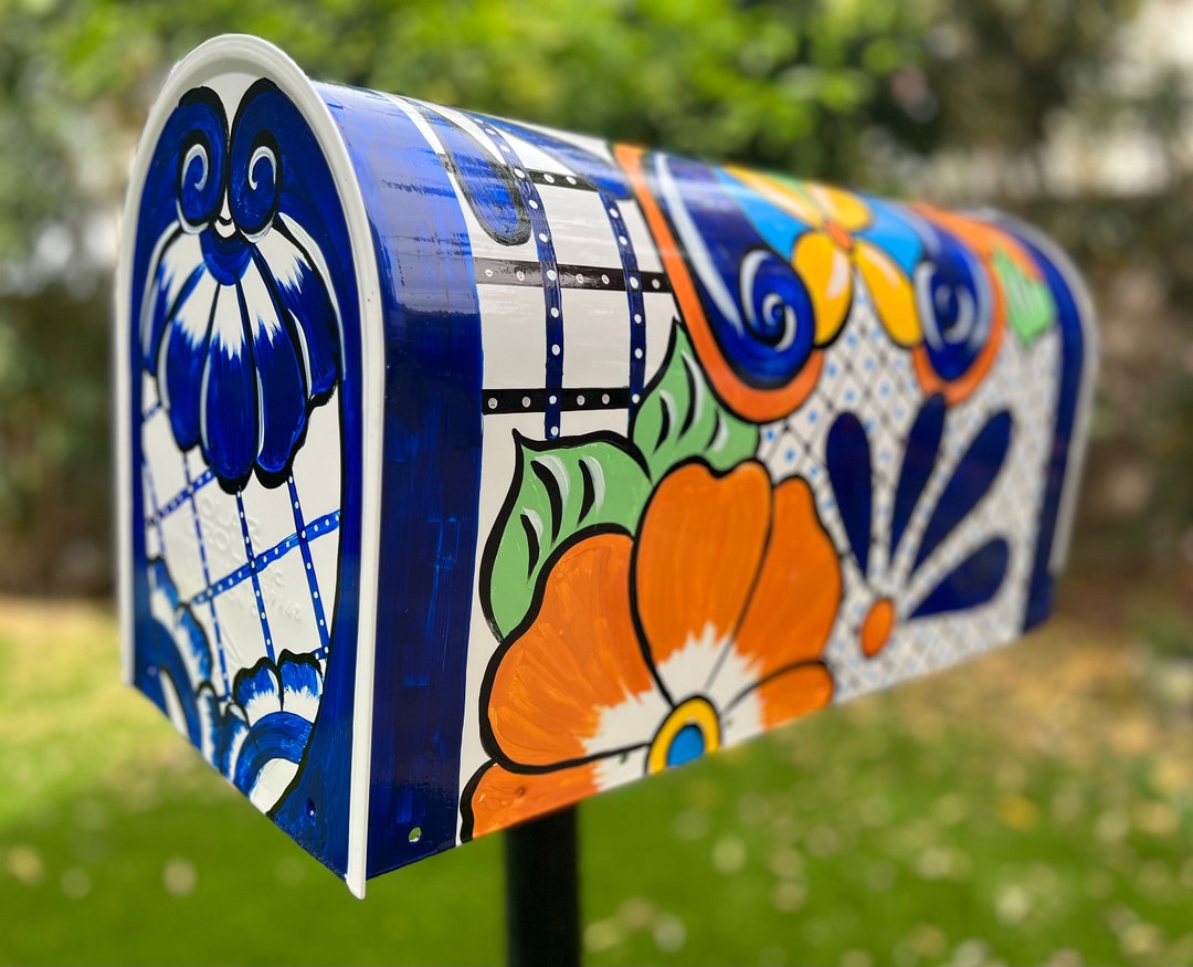 Large Handmade Mailbox, Custom Hand Painted, Colorful Talavera Mexican Style, Cobalt Blue