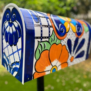 Large Handmade Mailbox, Custom Hand Painted, Colorful Talavera Mexican Style, Cobalt Blue, Orange, Yellow, Green, Multi, Personalized Free