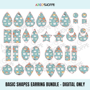 Op de afbeelding: Een digitale download van 20 verschillende oorbelvormen met een schattig kattenpatroon op een lichtblauwe achtergrond. De vormen omvatten cirkels, ovalen, rechthoeken, sterren, harten en meer.  BASIC SHAPES EARRING BUNDLE - DIGITAL ONLY.
