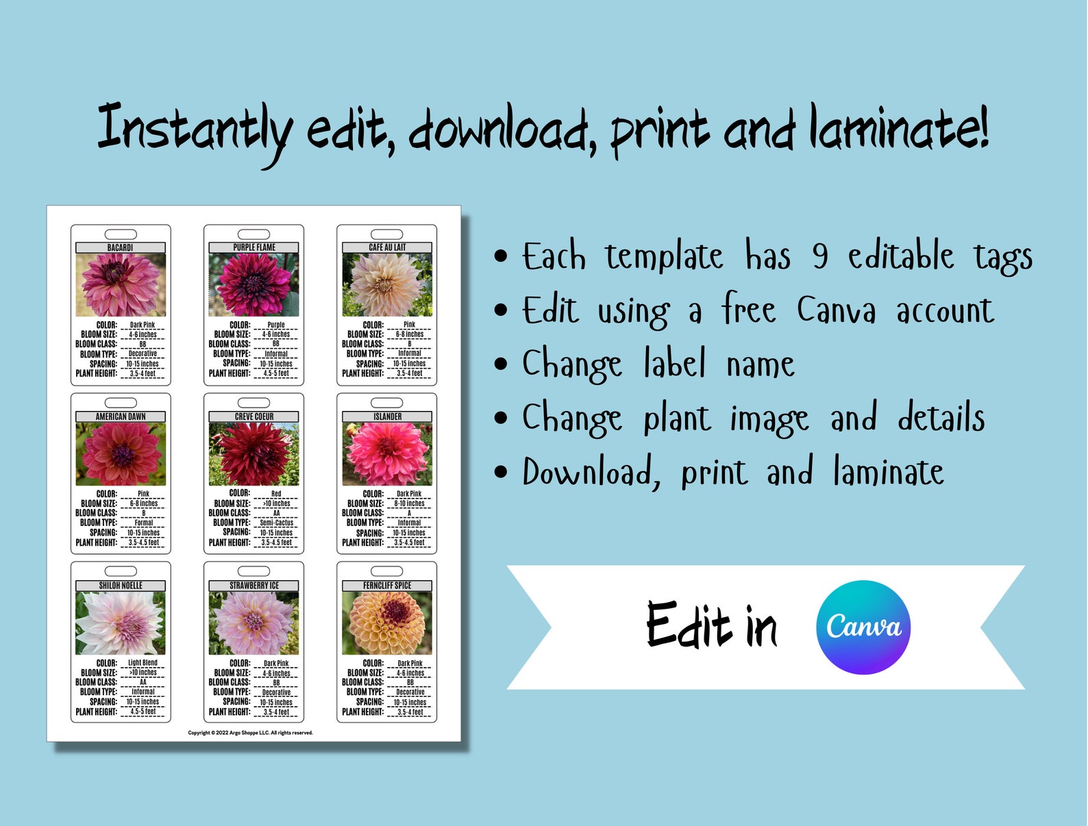 Dahlia Plant Id Tag Label Canva Template for Dahlia Growers/farmers DIY