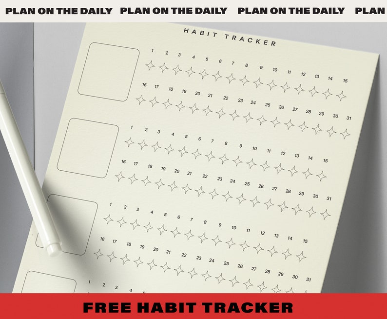 May include: A printable habit tracker with three sections for tracking daily habits. Each section has a blank space for writing the habit name and a grid of 31 stars for marking progress.