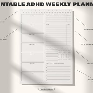May include: A printable weekly planner designed for people with ADHD. The planner features sections for setting priorities, main tasks, habit tracking, and reflection on achievements and lessons learned. It also includes a calendar for the month and a section for daily planning.