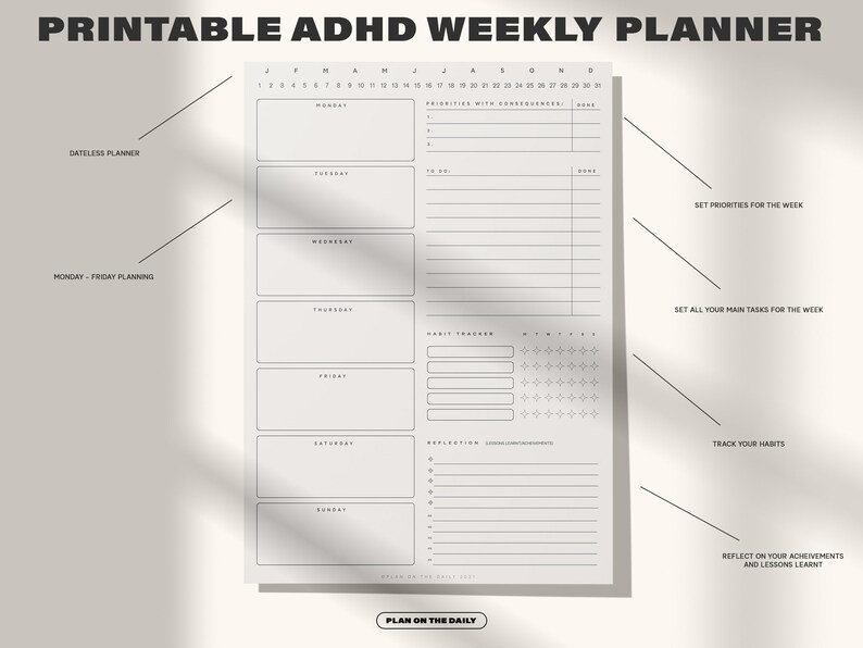 May include: A printable weekly planner designed for people with ADHD. The planner features sections for setting priorities, main tasks, habit tracking, and reflection on achievements and lessons learned. It also includes a calendar for the month and a section for daily planning.