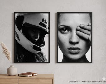 Kate Moss and Helmet Noir Poster Set: 2 Piece Brutalist B&W Wall Art, High Fashion Photography Print, Premium 260gsm Matte Paper, 24x36