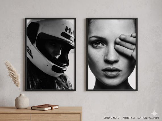 Kate Moss and Helmet Noir Poster Set: 2 Piece Brutalist B&W Wall Art, High Fashion Photography Print, Premium 260gsm Matte Paper, 24x36