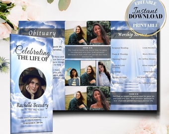 BLUE Tri-Fold Funeral, Funeral Program Template, Tri Fold Brouchure, funeral template obituary template, Announcement, trifold obrituary