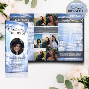 Funeral com três dobras AZUL, modelo de programa funerário, folheto com três dobras, modelo de obituário de modelo de funeral, anúncio, obrtuário com três dobras