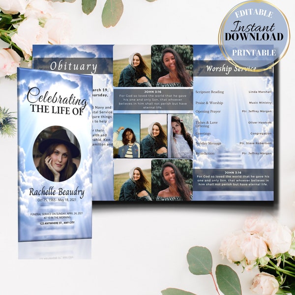 BLUE Tri-Fold Funeral, Funeral Program Template, Tri Fold Brouchure, funeral template obituary template, Announcement, trifold obrituary