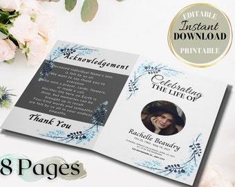 Floral Flower Funeral Program Template, 8 page funeral program funeral template obituary template, obituary program, Funeral Announcement